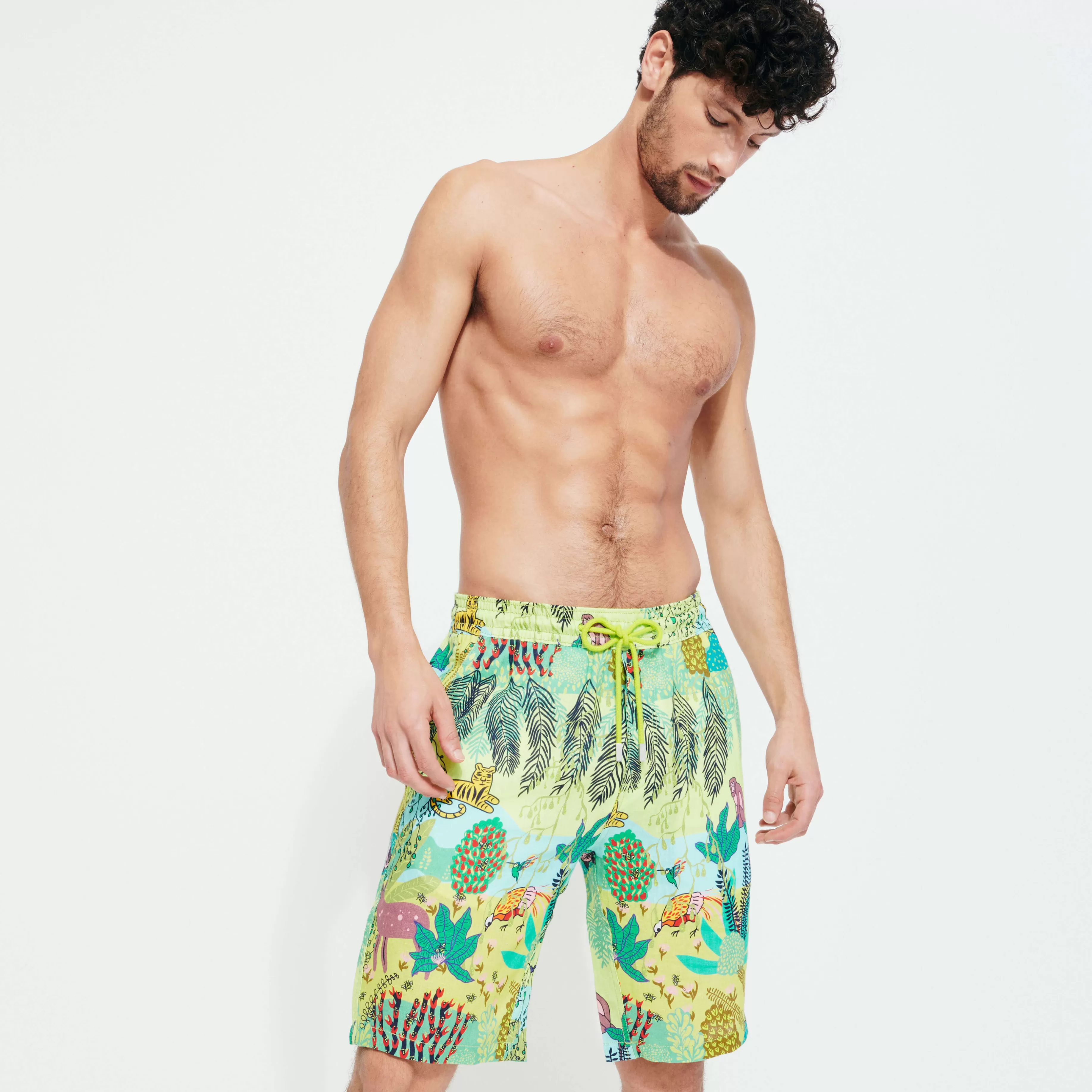 Store Vilebrequin Bermuda En Lin Homme Imprime Jungle Rousseau Gingembre/Vert