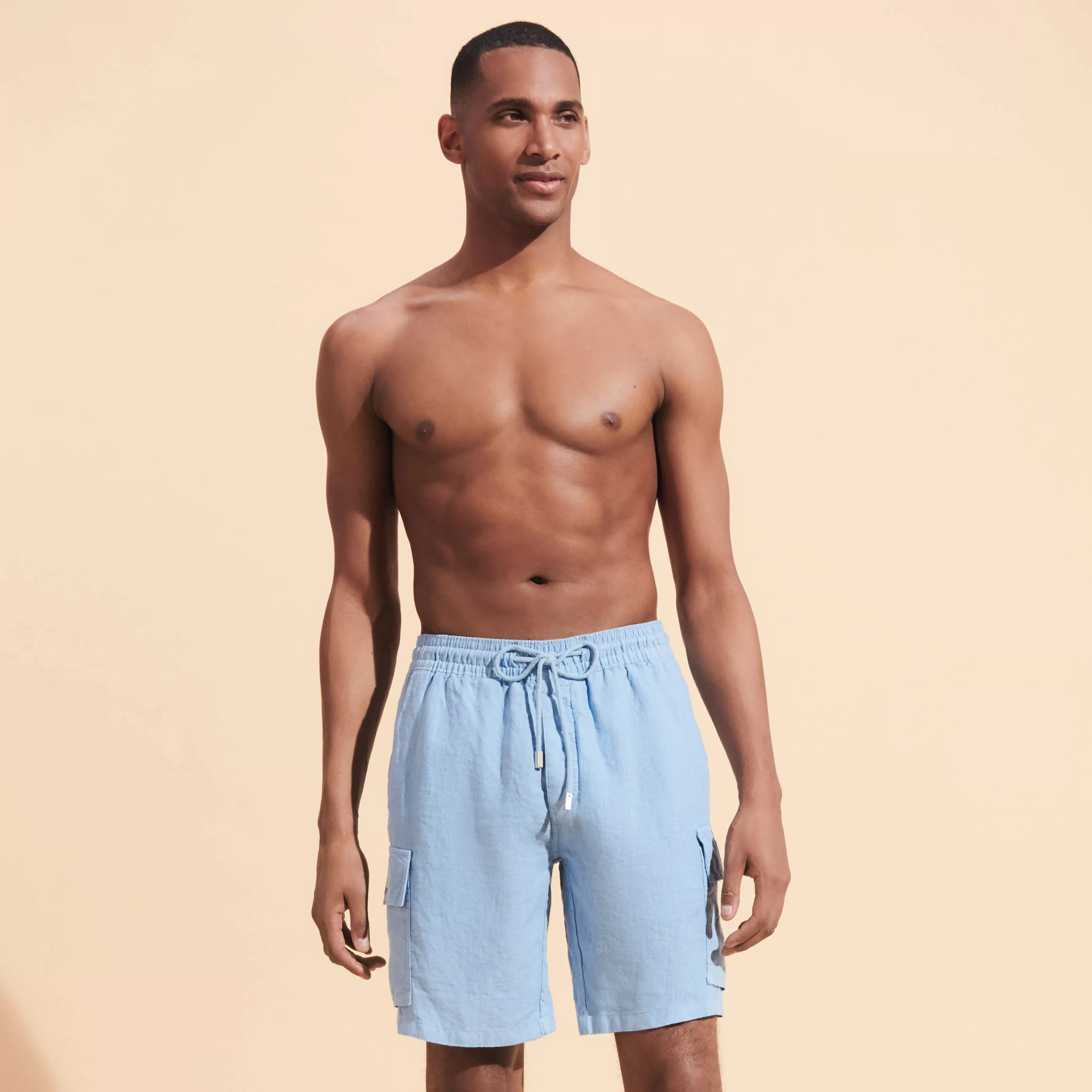 Fashion Vilebrequin Bermuda En Lin Homme Uni Poches Cargo Divin/Bleu