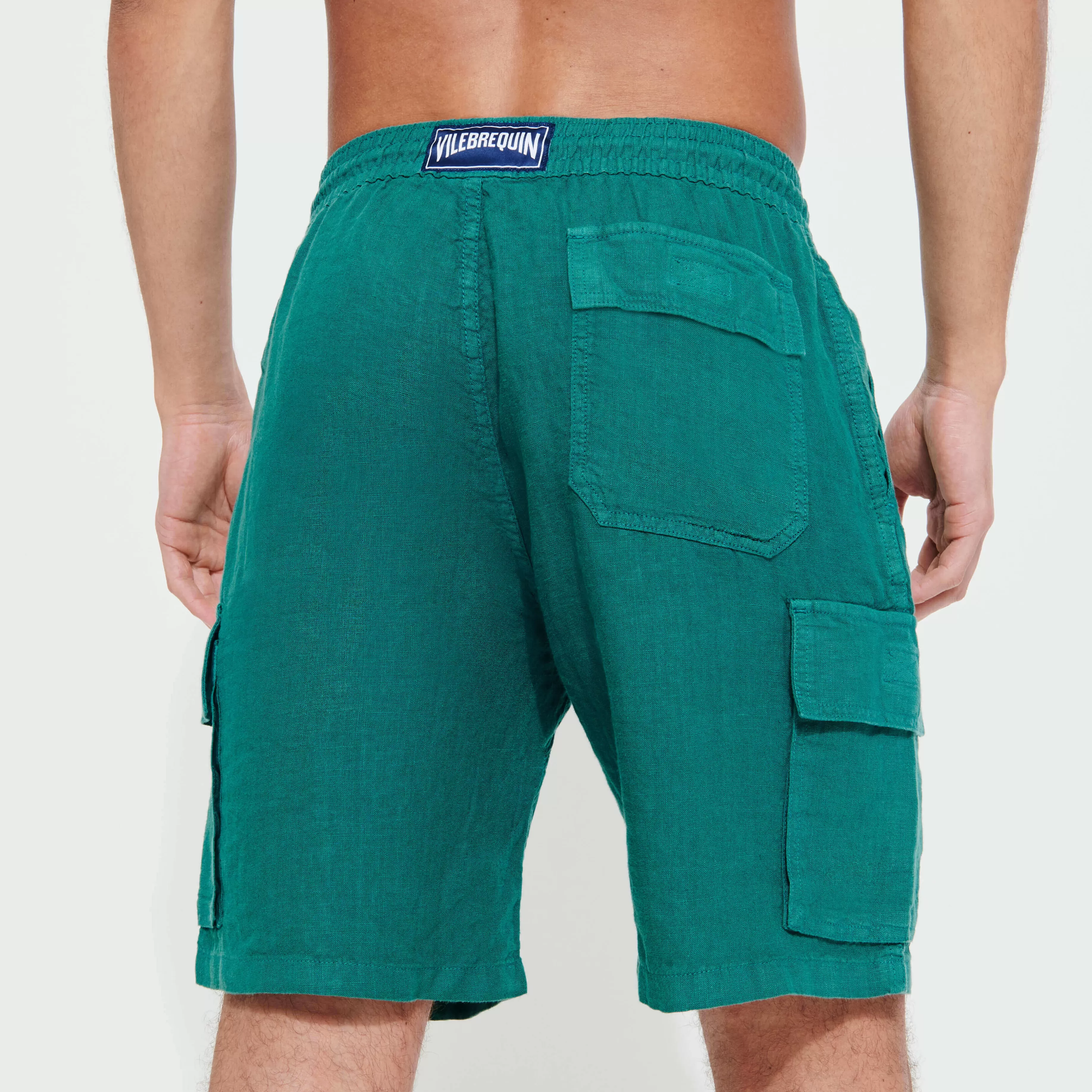 Fashion Vilebrequin Bermuda En Lin Homme Uni Poches Cargo Tilleul/Vert