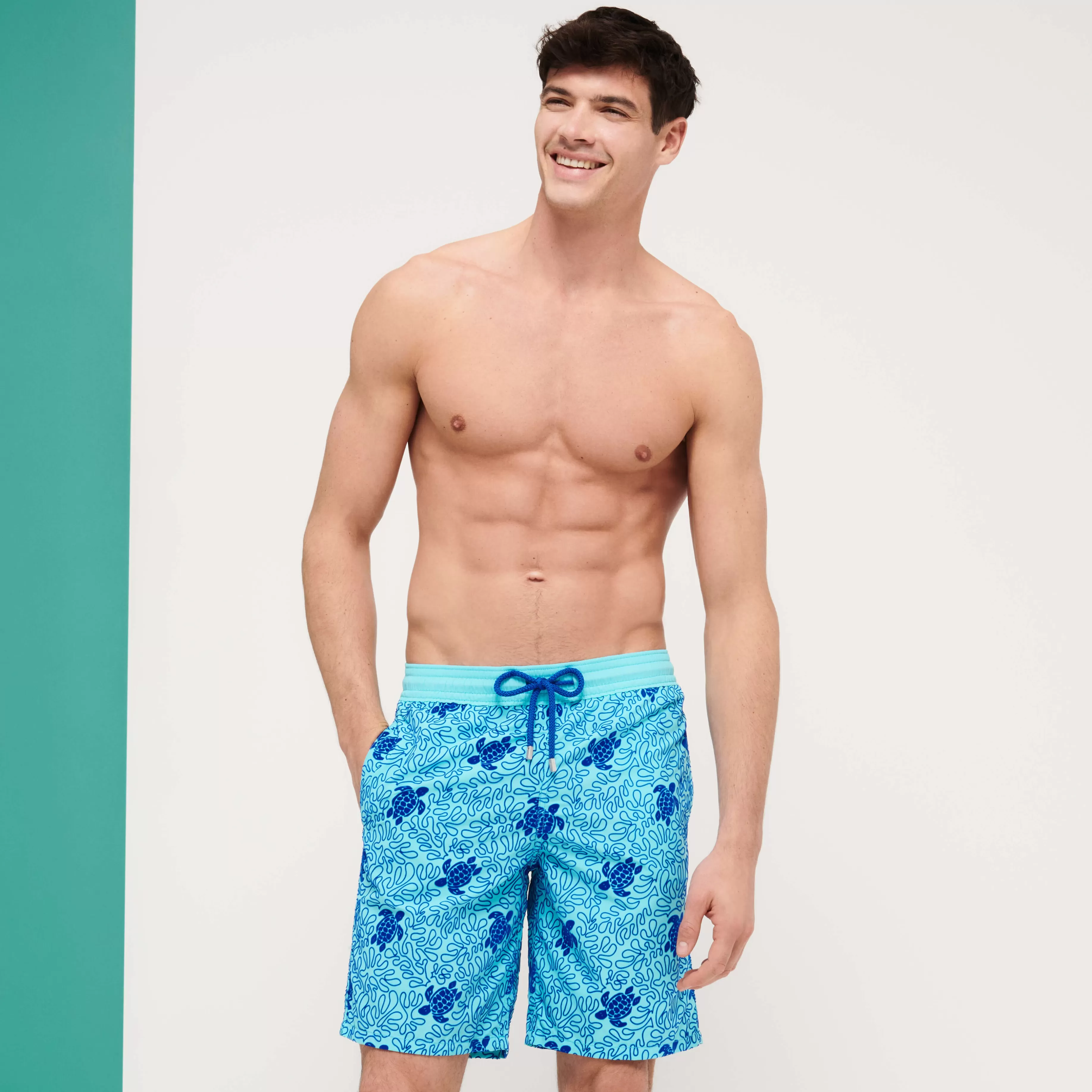 Best Vilebrequin Maillot De Bain Stretch Homme Long Turtles Splash Flocke Bleu Lazuli/Bleu