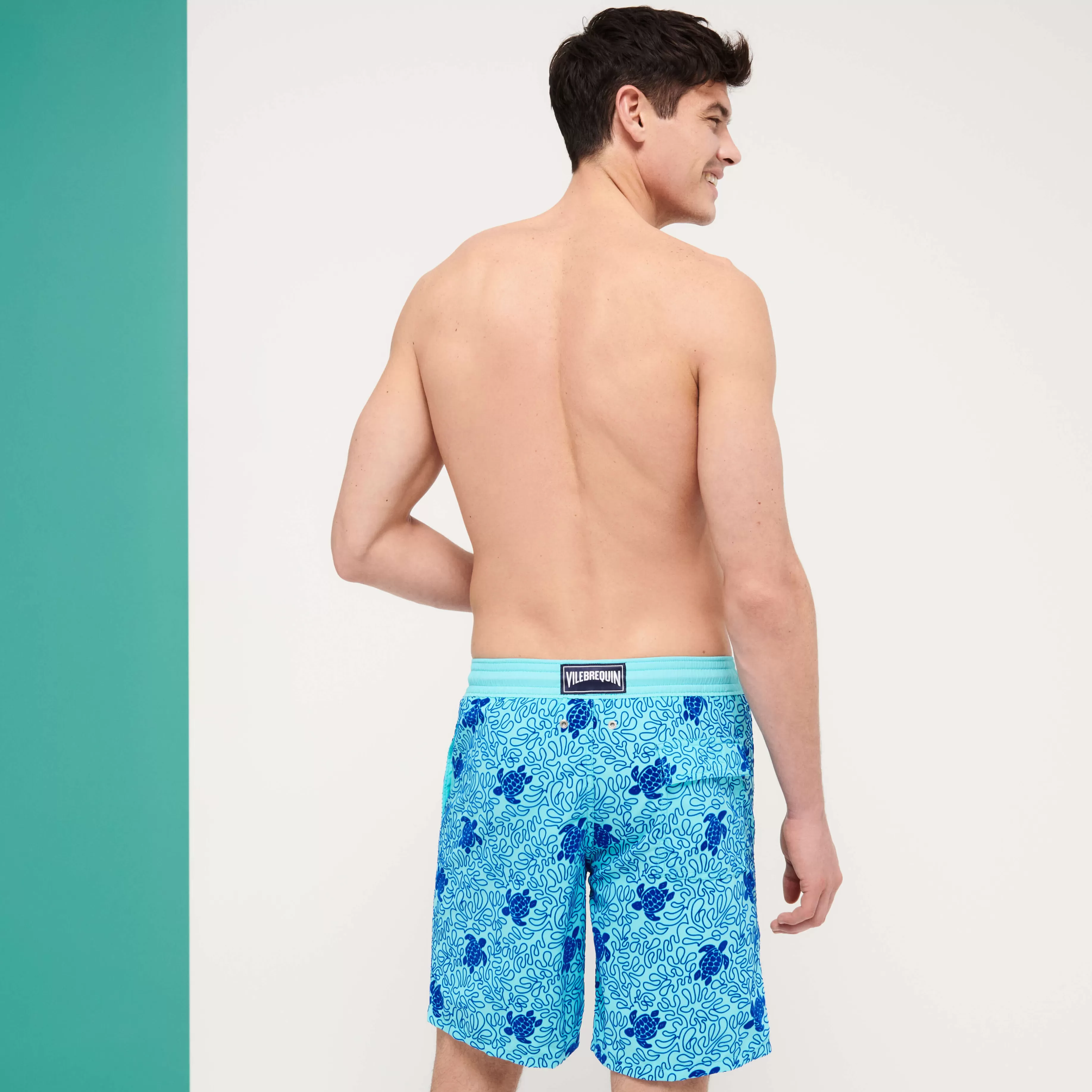 Best Vilebrequin Maillot De Bain Stretch Homme Long Turtles Splash Flocke Bleu Lazuli/Bleu