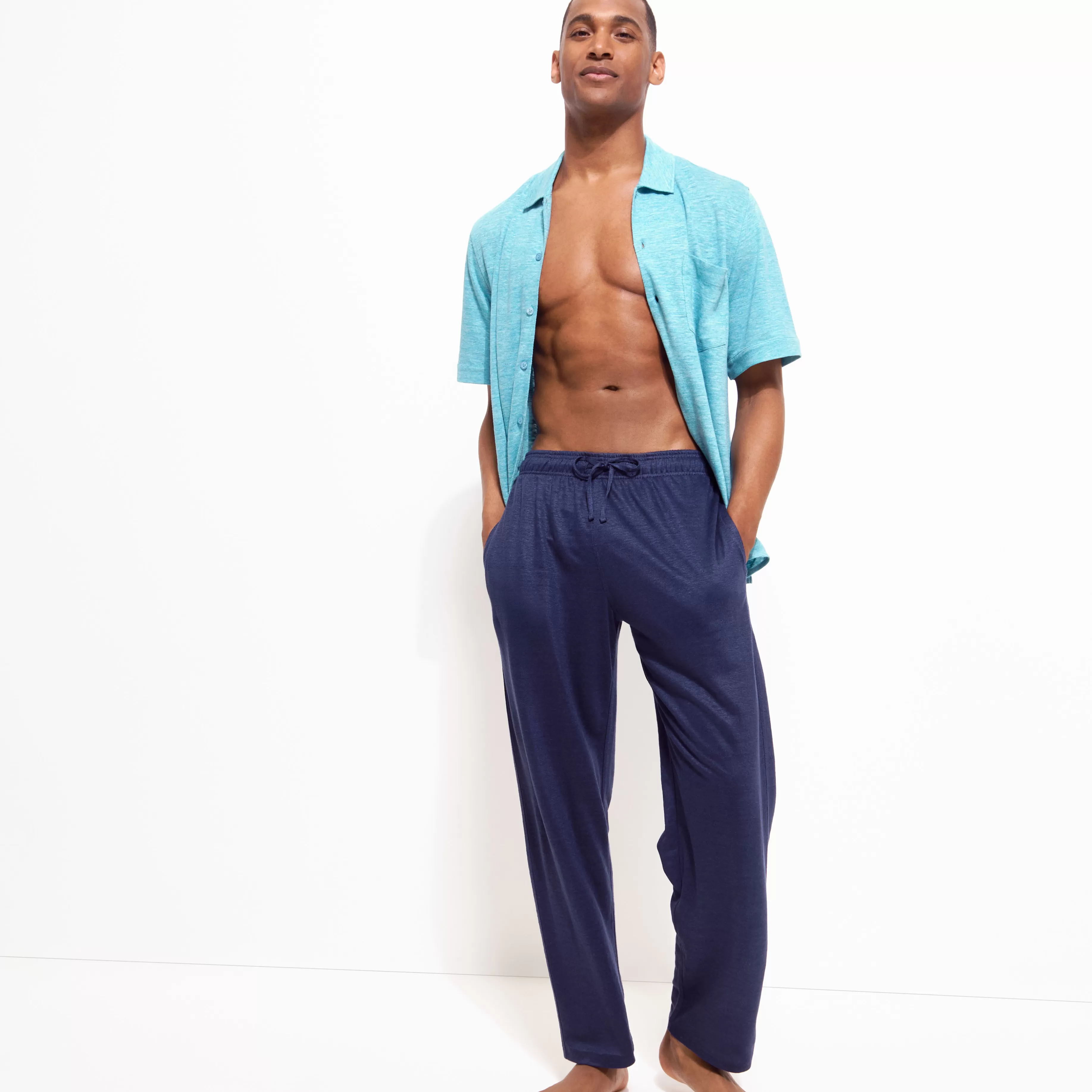 Hot Vilebrequin Pantalon En Jersey De Lin Unisexe Uni Bleu Marine/Bleu