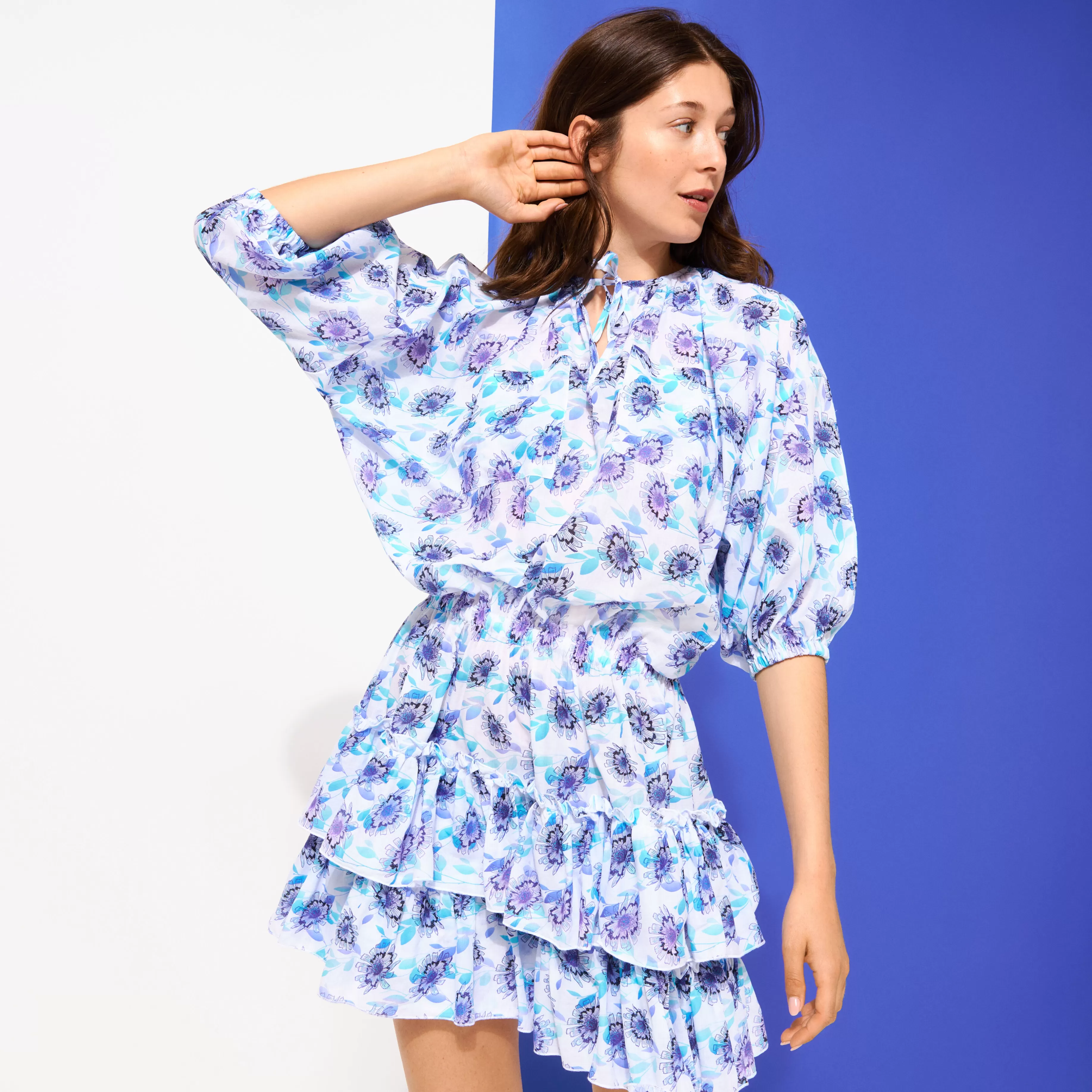 Sale Vilebrequin Robe Courte A Volants En Coton Femme Flash Flowers Purple Blue/Bleu