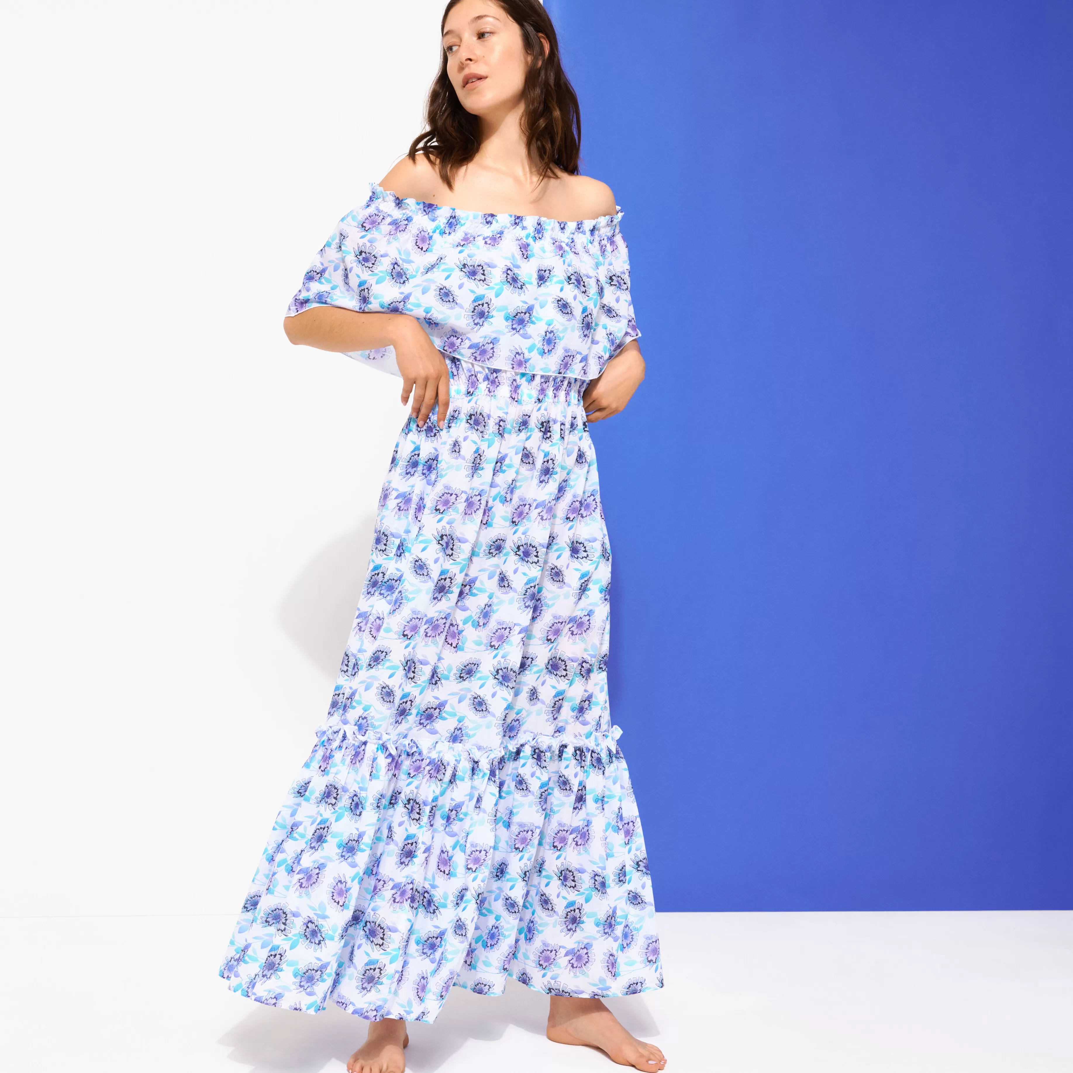 Best Vilebrequin Robe Longue En Coton Col Bardot Femme Flash Flowers Purple Blue/Bleu