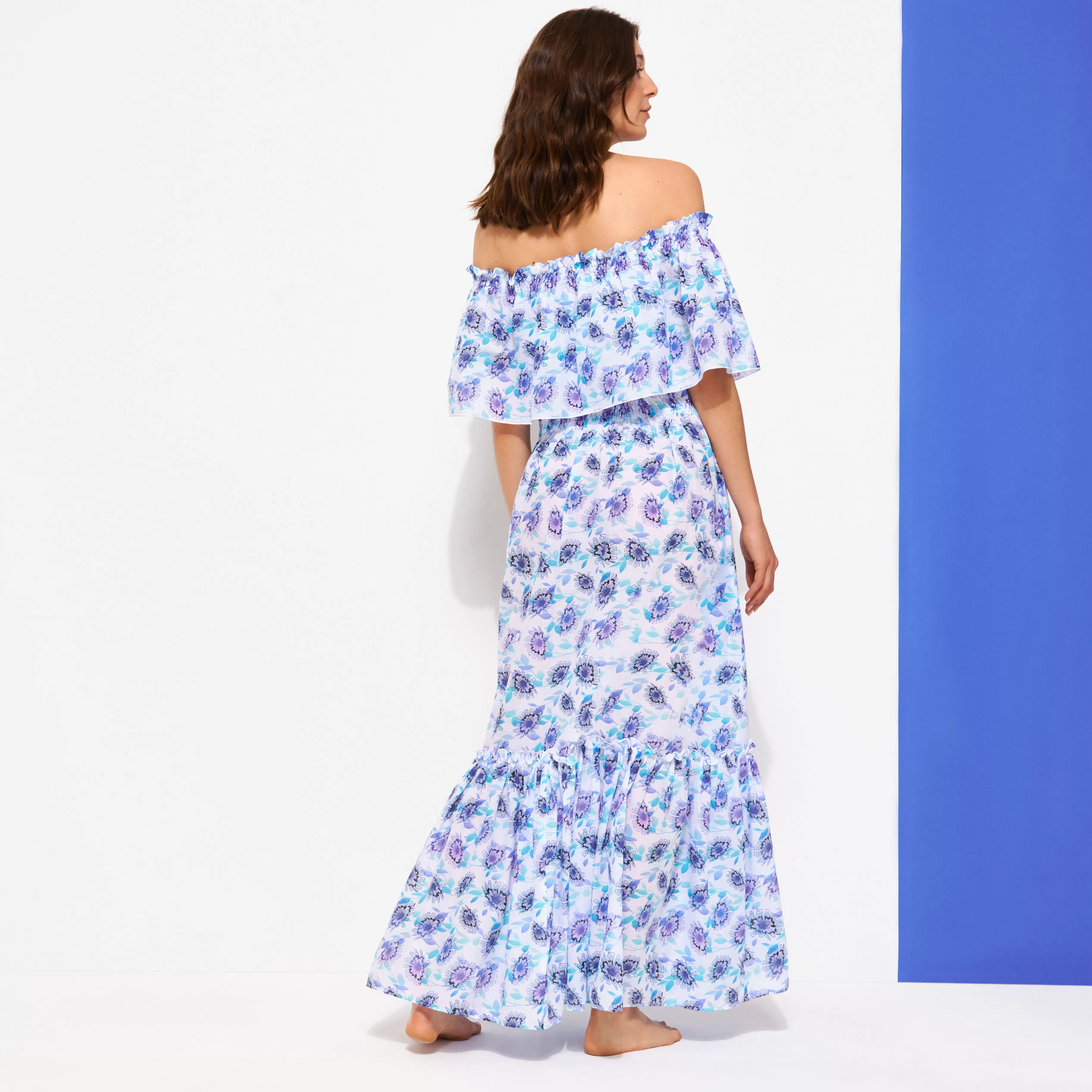 Best Vilebrequin Robe Longue En Coton Col Bardot Femme Flash Flowers Purple Blue/Bleu