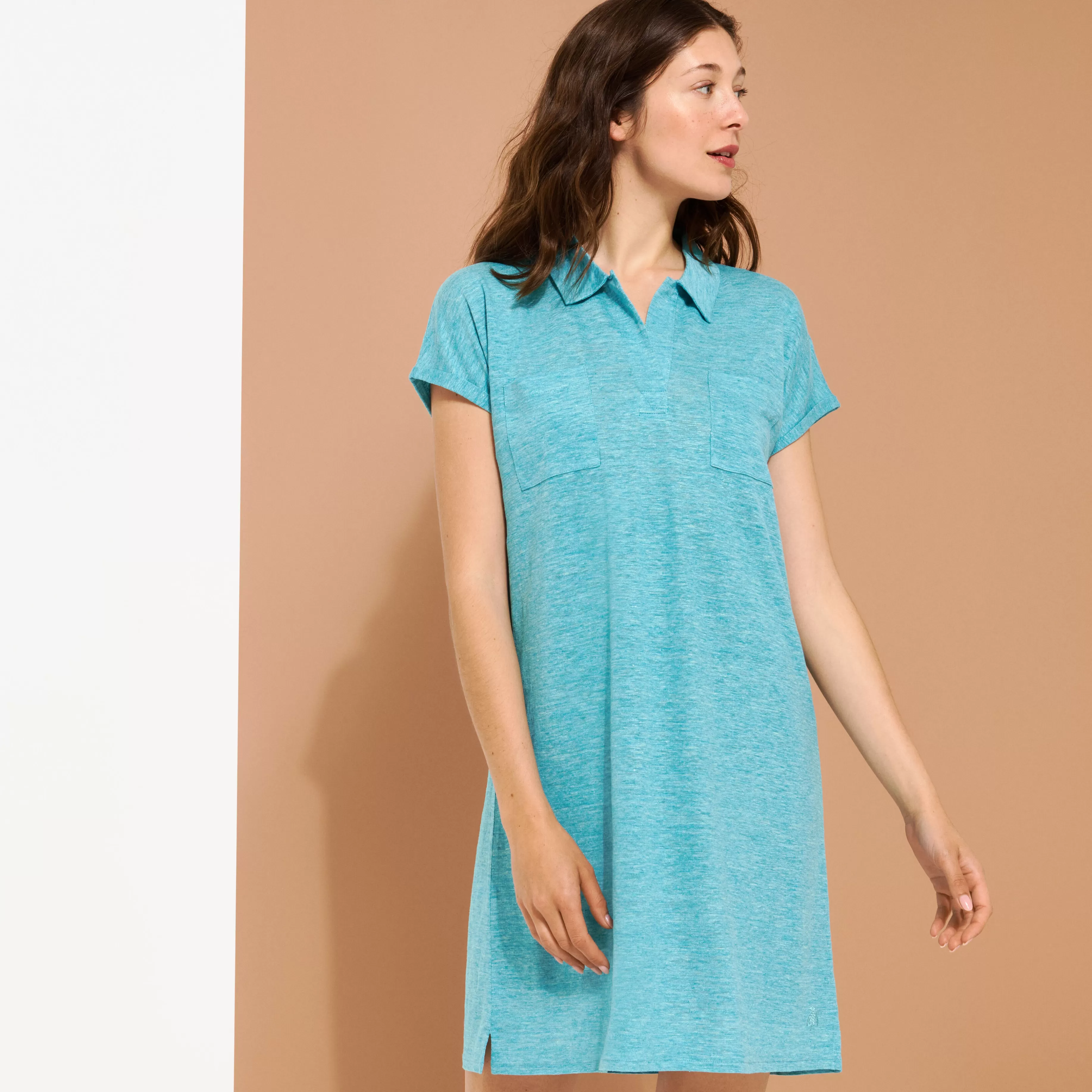 Discount Vilebrequin Robe Longue Polo En Lin Femme Unie Azur Chine/Bleu