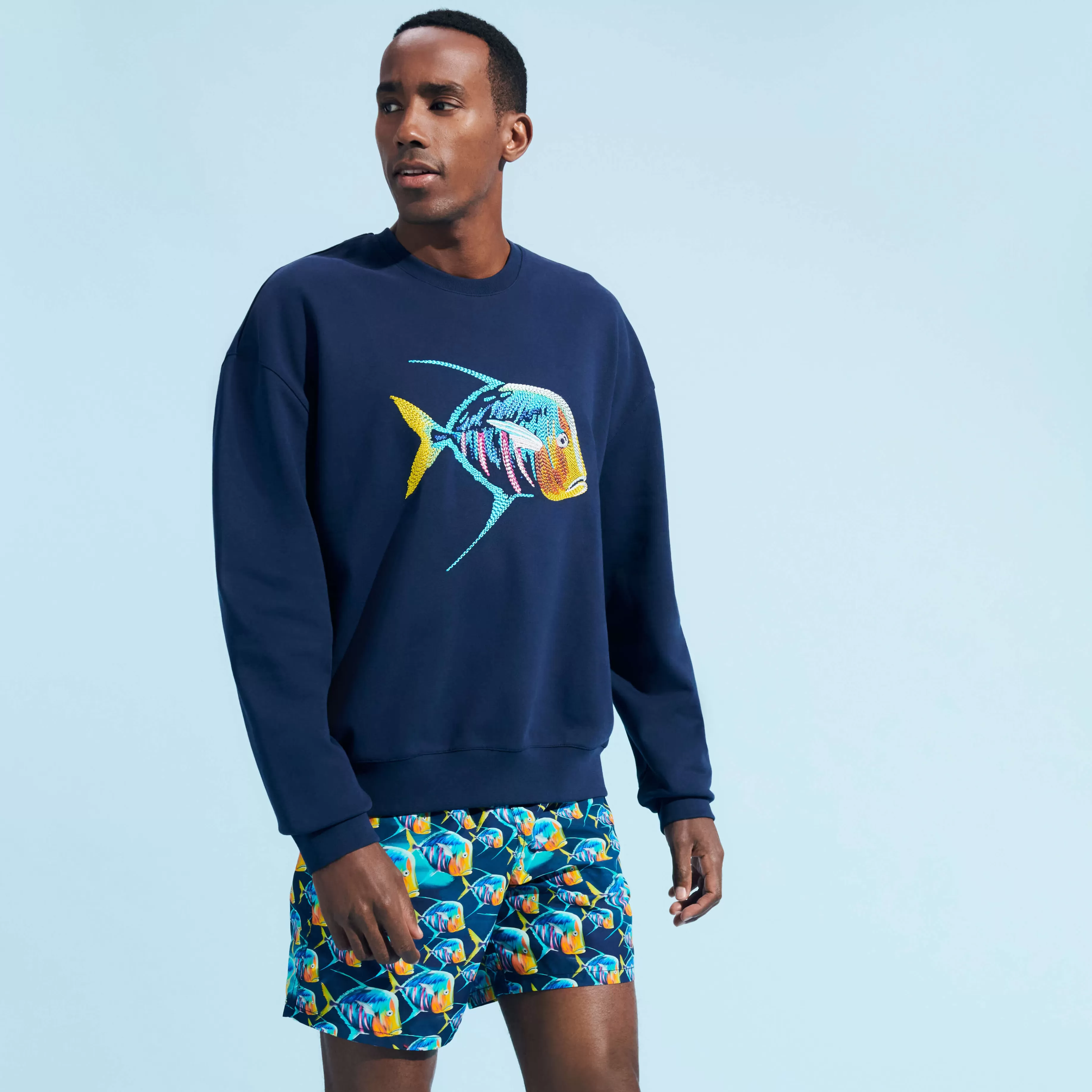 New Vilebrequin Sweatshirt Coton Organique Homme Piranhas Bleu Marine/Bleu