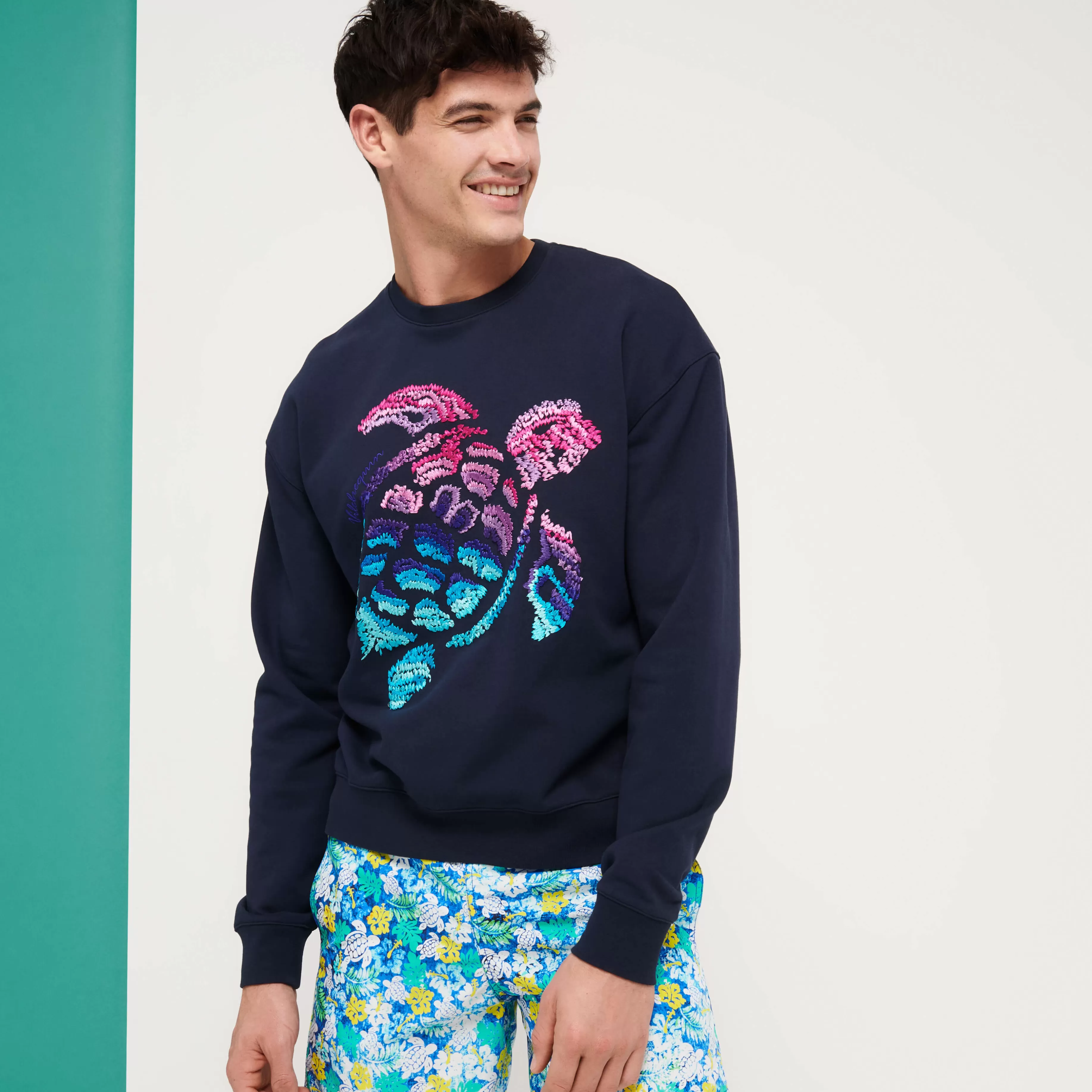 Best Vilebrequin Sweatshirt En Coton Homme Tortue Brodées Bleu Marine/Bleu