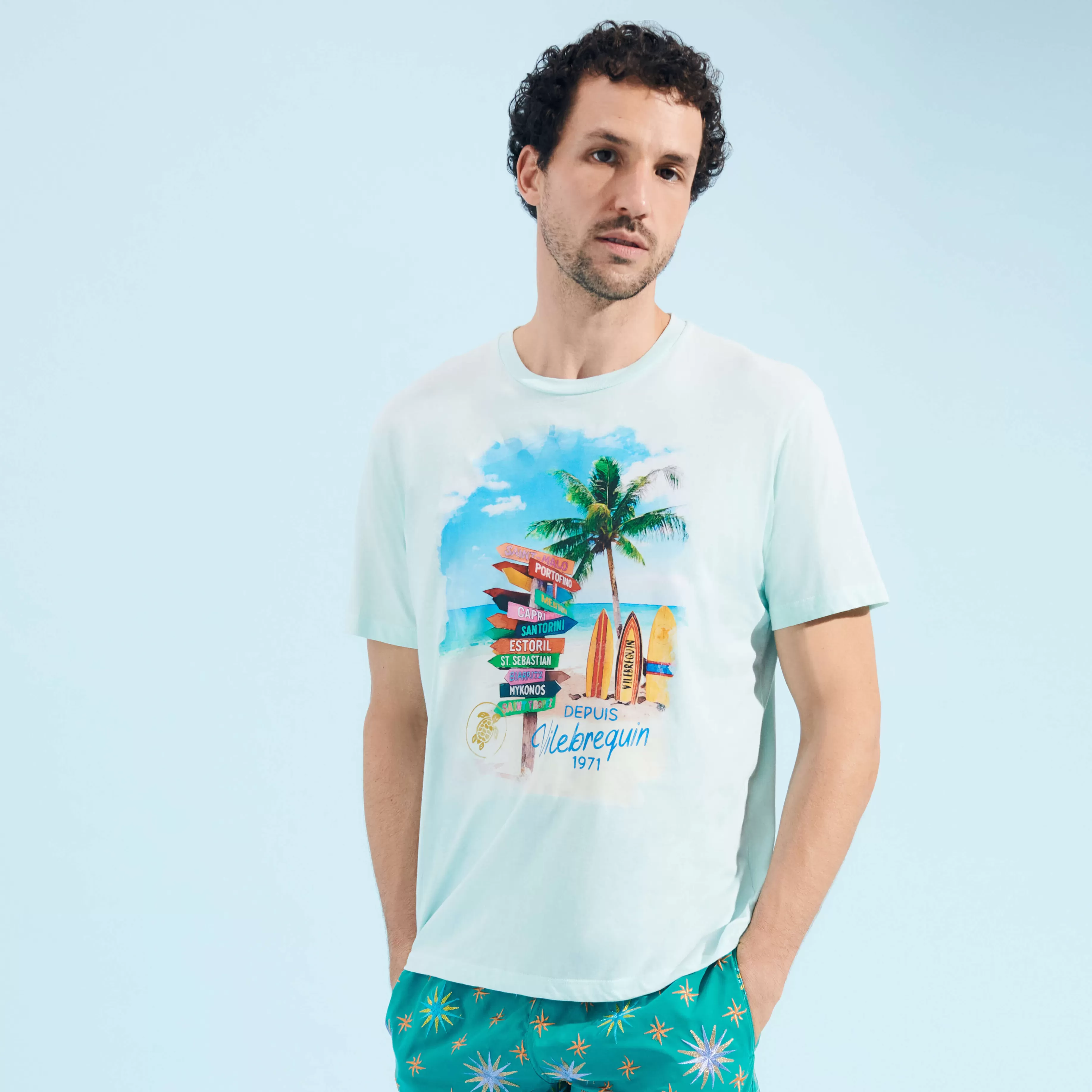 New Vilebrequin T-Shirt En Coton Homme Holidays Signpost Thalassa/Bleu